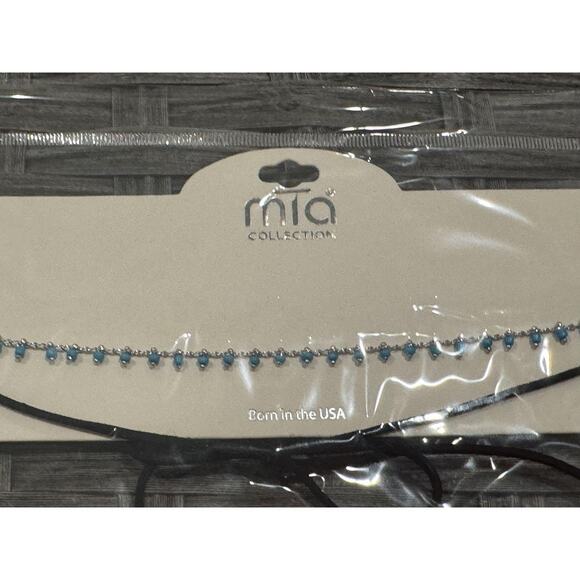 Mia Collection Blue Beaded Choker Necklace Black Suede Cord Adjustable USA Made - Picture 2 of 3